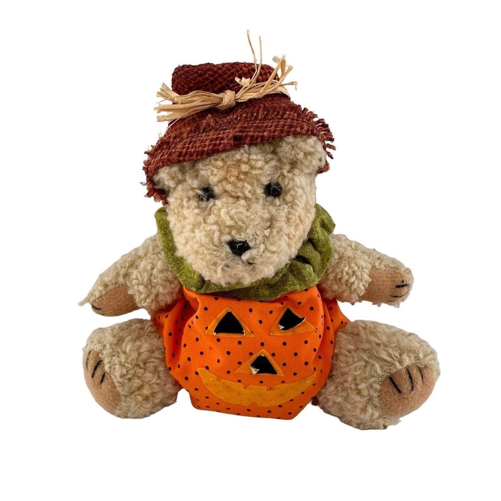 Vintage Plush Teddy Bear In‎ Pumpkin Costume Hat & Green Collar Halloween Retro